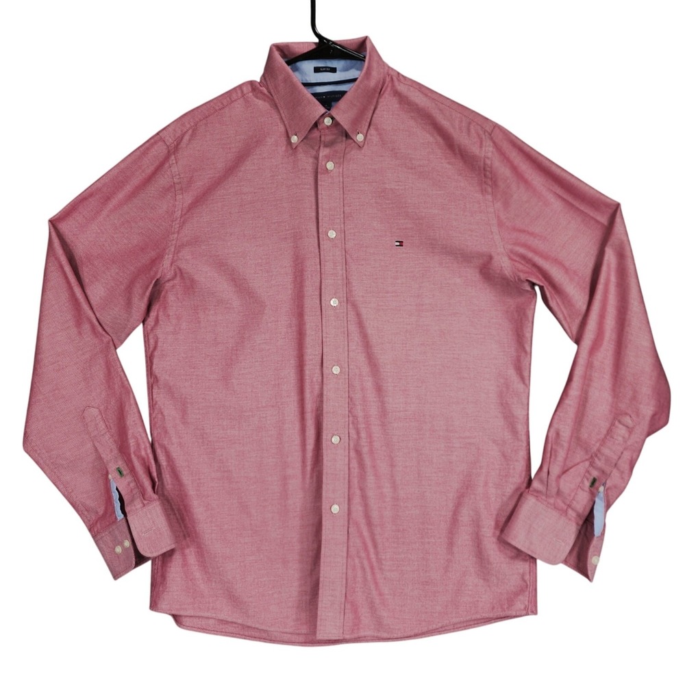 Tommy Hilfiger 16 34-35 Slim Fit Button Down Shirt Men Supima‎ Red Pink Preppy